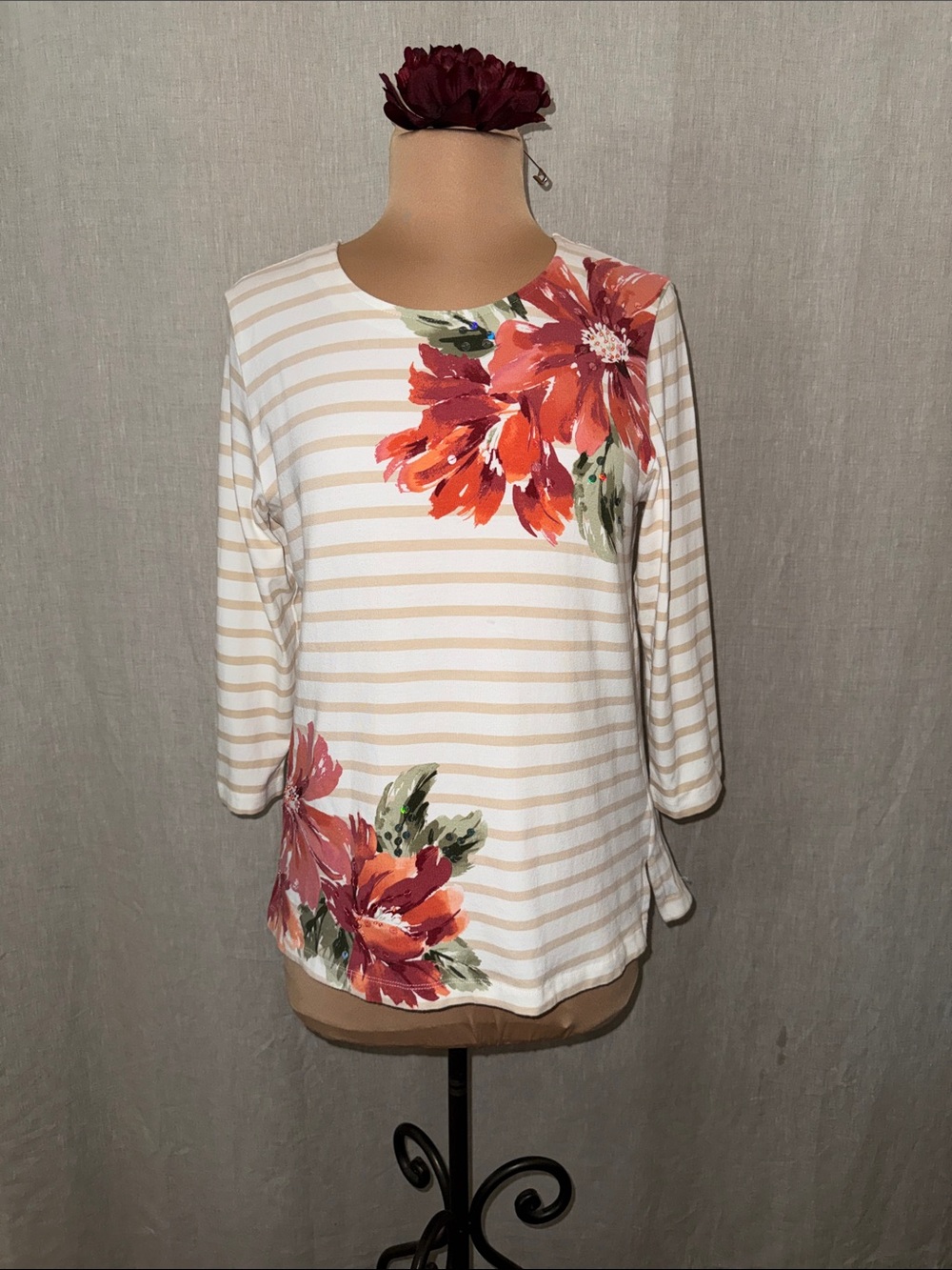 Alfred Denner Floral Stripe 3/4 Sleeve Top - Cream with Coral Flowers